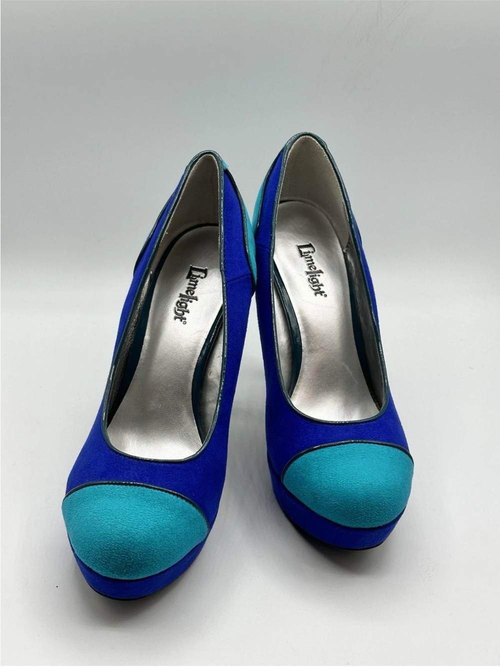 Limelight Blue and Teal Suede Two-Tone Platform Heels